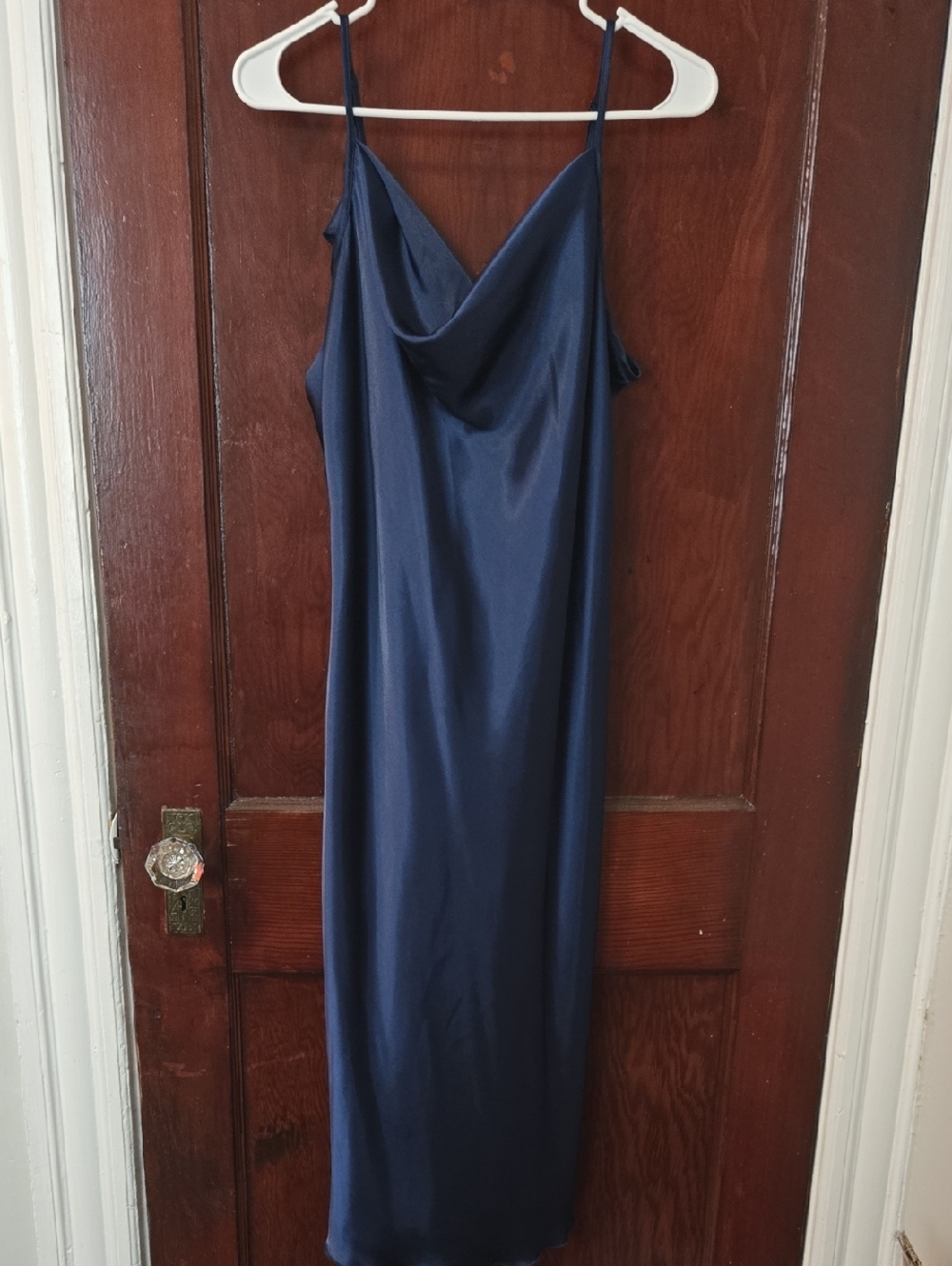 Bebe Navy Satin Slip Dress with Cowl Neck